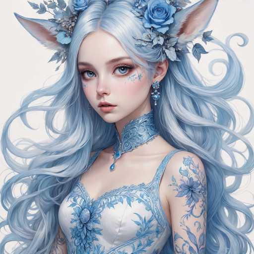 This image features a highly detailed, computer-generated depiction of a young girl with striking blue eyes and long, wavy hair that transitions from light blue to white. She has a delicate, almost ethereal appearance, with a small nose and a mouth slightly open, revealing her top teeth. Adorning her head are blue roses and leaves, adding to her whimsical look. Her ears are pointed and covered in fur, with a pinkish hue inside, giving her a feline quality. She wears a blue choker necklace with a teardrop pendant and a matching blue dress with intricate floral patterns. Her left arm is visible, showcasing a blue floral tattoo. The background is a simple white, which makes her vibrant and detailed features stand out even more.
