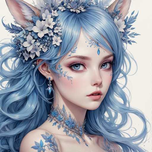 This image features a highly detailed, computer-generated illustration of a young woman with striking blue hair. Her hair, which is long and wavy, cascades down her back, with a portion tucked behind her ear. She has large, expressive blue eyes and a delicate, small nose. Adorning her face are intricate blue floral patterns, particularly noticeable on her cheek and forehead. Her lips are slightly parted, revealing a hint of her teeth. She wears blue dangling earrings and a matching blue floral necklace that wraps around her neck. Her shoulders are bare, suggesting she might be wearing a strapless top. Adding to her whimsical appearance, she has large, fox-like ears with tufts of fur protruding from them. Her hair is further embellished with white flowers and blue leaves, enhancing the fantastical and enchanting aura of the character.