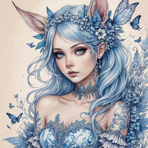 This image features a highly detailed, computer-generated illustration of a young woman with a whimsical, fantasy-inspired design. The central figure has long, flowing blue hair adorned with a floral wreath made of blue and white flowers. She has striking blue eyes and is wearing a blue and white corset-like top, which is intricately designed with floral patterns. Her shoulders are bare, and she has blue butterfly wings extending from her back. She also has large, pointed ears resembling those of a fox or cat, adding to her mystical appearance. Surrounding her are several blue butterflies, enhancing the ethereal atmosphere. The background is a soft, light pink, which contrasts beautifully with the blue and white elements of the character. The overall style is reminiscent of a fantasy anime or video game character, with a blend of delicate and enchanting features.