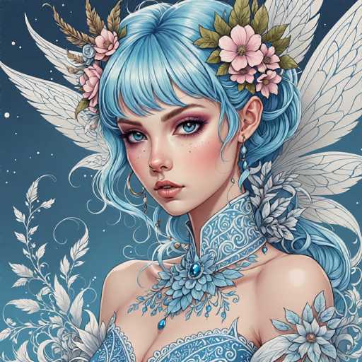 The image depicts a highly detailed, computer-generated illustration of a young woman with striking blue eyes and long, flowing blue hair. She is adorned with a delicate floral crown made of pink flowers and green leaves, which sits atop her head. Her attire is a blue, lacy dress that features a high collar and a bustier-style top, complemented by a matching blue choker necklace with a prominent blue gemstone. Her shoulders are bare, and she wears blue earrings that dangle elegantly. The background is a deep blue, reminiscent of a night sky, dotted with white stars. Surrounding her are white, ethereal wings that extend from her back, and white leaves and flowers frame her figure, adding to the magical, fairy-like atmosphere of the scene.