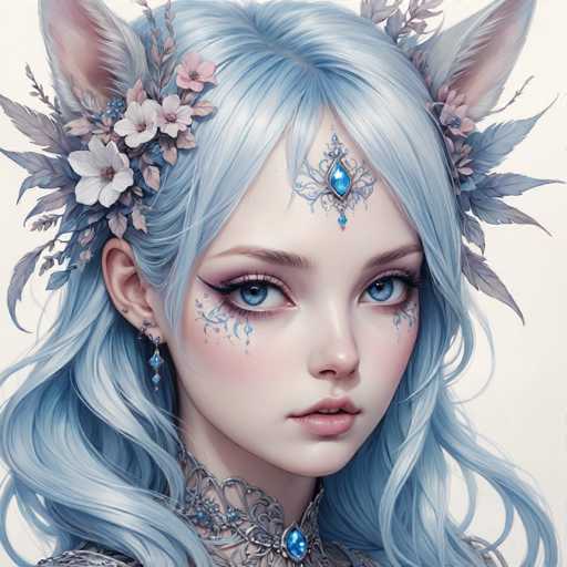 This image features a highly detailed, computer-generated portrait of a young woman with striking blue eyes and long, wavy hair that transitions from light blue to white. She has a delicate, almost ethereal appearance, accentuated by intricate makeup that includes blue eyeshadow and eyeliner. Her face is adorned with a blue teardrop-shaped jewel on her forehead, surrounded by a silver floral pattern, and she has additional blue jewels on her neck and earrings. The woman's ears are adorned with three piercings, and she wears a silver choker necklace with blue accents. Her hair is styled in a half-up, half-down manner, with the top part pulled back and adorned with pink flowers and green leaves. She also has fox-like ears, adding a fantastical element to her appearance. The background is a light gray, which makes her detailed features and colorful accessories stand out even more.
