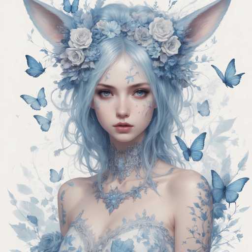 This image is a detailed, computer-generated illustration of a young woman with light blue hair, styled in a wavy bob that falls just below her shoulders. She has striking blue eyes and is adorned with a floral headdress made of white and blue flowers, which also features blue butterfly wings. Her face is decorated with blue butterfly tattoos, and she wears a blue choker necklace with a floral design. The woman is dressed in a white gown embellished with blue flowers and leaves, and blue butterfly wings extend from her shoulders. Surrounding her are numerous blue butterflies, adding to the ethereal and fantastical atmosphere of the image. The background is a light gray, enhancing the vivid colors of her attire and accessories.
