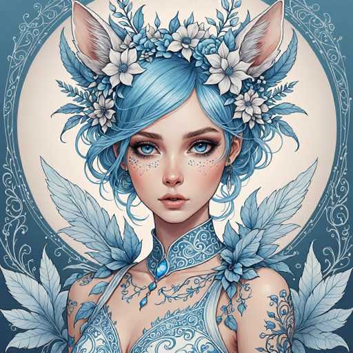 This image features a highly detailed, computer-generated illustration of a young woman with striking blue hair and matching blue eyes. She is adorned with an elaborate floral headdress that includes white flowers and blue leaves, complementing her blue attire. The outfit, which appears to be a dress or top, is intricately designed with blue and white patterns, and includes a high collar. Her shoulders are decorated with blue leaves, and she has a blue necklace that adds to her cohesive look. The woman's face is accentuated with blue freckles beneath her eyes and pink lips. She has large, fox-like ears that are brown on the inside and white on the outside, adding a unique touch to her appearance. The background features a large, circular moon with a blue border and white filigree, enhancing the mystical and ethereal quality of the scene.