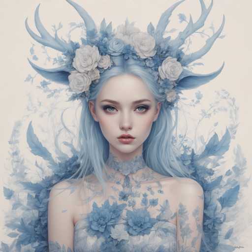 This image portrays a highly detailed, computer-generated or AI-generated artwork of a young woman with an ethereal and mystical appearance. She has long, flowing blue hair that cascades down her shoulders, and her striking blue eyes are accentuated by blue eyeshadow. Her lips are a soft pink, adding a touch of warmth to her otherwise cool-toned features. She is adorned with an elaborate headdress that combines white roses, blue flowers, and intricate blue branches, giving the impression of a regal or otherworldly crown. Around her neck, she wears a choker that seamlessly blends into a dress or top made of the same blue floral material, creating a cohesive and enchanting look. The background is a soft, light beige, which contrasts beautifully with the blue and white hues of her attire and hair. The overall composition exudes a sense of fantasy and elegance, making the woman appear as though she belongs in a fairytale or magical realm.