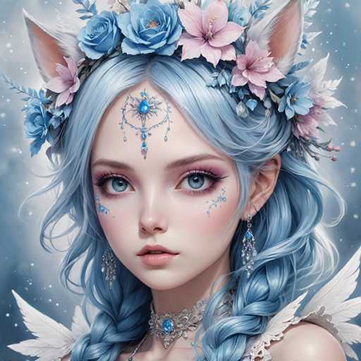 This image features a highly detailed, computer-generated depiction of a young girl with striking blue hair styled in two braids. Her hair is adorned with an elaborate floral crown, featuring blue roses, pink flowers, and white petals. She has large, expressive blue eyes and wears a blue jewel on her forehead, complemented by blue jewelry on her cheeks. Her face is framed by long, dangling earrings that add to her ethereal appearance. The background is a soft, light blue with white dots, enhancing the dreamy quality of the scene. The girl's attire includes a white dress with delicate lace details, and she has white wings on her back, suggesting an angelic or fairy-like presence. The overall composition, with its intricate details and harmonious color scheme, creates a captivating and enchanting visual.