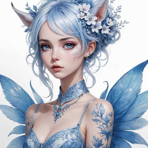 This image features a highly detailed, computer-generated illustration of a young woman with a distinct anime-inspired style. She has light blue hair styled in a short, curly bob with bangs, and her hair is adorned with white flowers and blue leaves. Her large, expressive blue eyes are framed by long eyelashes, and she has a small, delicate nose and slightly parted pink lips. Her face is further embellished with blue floral designs on her cheeks and blue earrings.

The woman is dressed in a blue, lacy outfit that resembles a nightgown or corset, with thin straps and a high collar. Around her neck, she wears a blue choker necklace adorned with blue jewels. Her skin is very pale, and she has blue tattoos of leaves on her shoulders and upper arms. Adding to her ethereal appearance, she has blue feathery wings extending from her back, and her ears are pointed and covered in white fur, enhancing her fairy-like or fox-like features. The overall color scheme of the image is predominantly blue, white, and gray, creating a cohesive and enchanting visual effect.