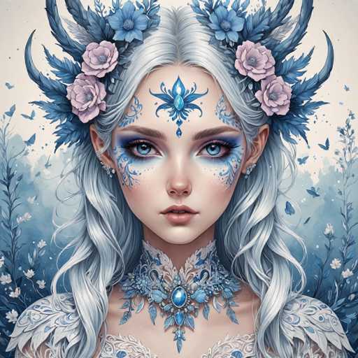 This detailed illustration depicts a young woman with striking silver hair, adorned with a floral crown made of blue leaves and pink flowers. Her face is intricately painted with blue designs, including a prominent blue flower on her forehead and additional floral patterns around her eyes and cheeks. She has large, expressive blue eyes framed by thick eyebrows and wears pink lipstick. Her attire is equally elaborate, featuring a high-collared dress with blue floral patterns and a blue gem at the center of her chest. The background is a blend of blue and white hues, with white flowers and blue butterflies adding to the ethereal atmosphere. The overall composition is rich in detail, with the woman's gaze directed straight at the viewer, creating a captivating and mystical presence.