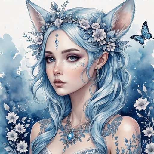 This detailed illustration features a young woman with striking blue hair and matching blue eyes. She is adorned with a delicate floral crown made of white flowers and green leaves, which elegantly frames her face. Her blue hair cascades down her back, complementing her ethereal appearance. The woman is depicted with a serene expression, her lips slightly parted, revealing a glimpse of her teeth. She is dressed in a white top, and her shoulders are adorned with intricate blue floral tattoos that extend down her arms. Around her neck, she wears a necklace with a prominent blue gemstone, adding a touch of elegance to her ensemble. The background is a harmonious blend of blue and white hues, with white flowers and leaves scattered around her, enhancing the overall dreamlike quality of the scene.
