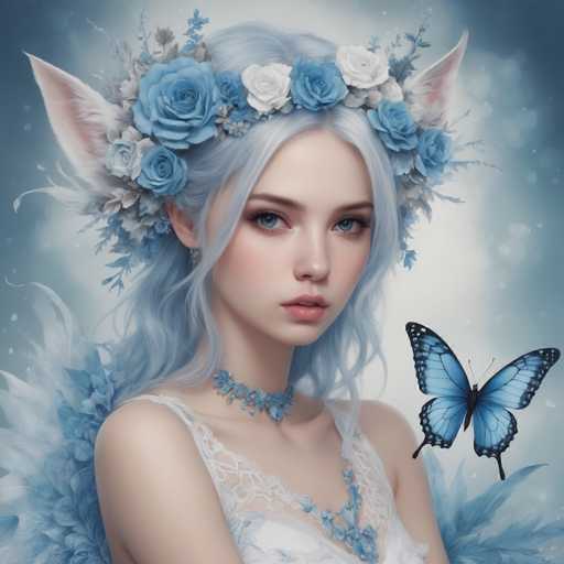 This image depicts a highly detailed, computer-generated fantasy character of a young woman with a striking appearance. She has long, wavy gray hair and piercing blue eyes, complemented by a delicate, heart-shaped face. Her skin is fair, and she wears a blue choker necklace adorned with intricate floral patterns. She is dressed in a white, lacy nightgown that features blue floral accents, and her shoulders are bare. Adding to her ethereal look, she has white and blue feathery wings extending from her back. Her head is crowned with a floral headdress made of blue and white roses, interspersed with green leaves and adorned with white and pink fox ears. A blue and black butterfly flutters near her right shoulder, enhancing the magical atmosphere of the scene. The background is a soft blend of light blue and white, with a subtle gradient that adds depth to the image.