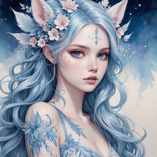 This image depicts a highly detailed, computer-generated or AI-generated artwork of a young woman with striking blue eyes and long, wavy blue hair. She has a delicate, almost childlike face adorned with intricate blue tattoos that resemble flowers and leaves, extending from her neck to her shoulder. Her hair is styled in a half-up, half-down manner, with the top half pulled back into a ponytail, and the rest cascading down her back. She wears a blue tank top, and her head is adorned with a floral crown made of pink flowers and blue leaves. Notably, she has large, fox-like ears protruding from the sides of her head, adding a whimsical touch to her appearance. The background features a gradient of blue, transitioning from a dark, starry night sky at the top to a lighter blue and white towards the bottom, creating a dreamy, ethereal atmosphere.