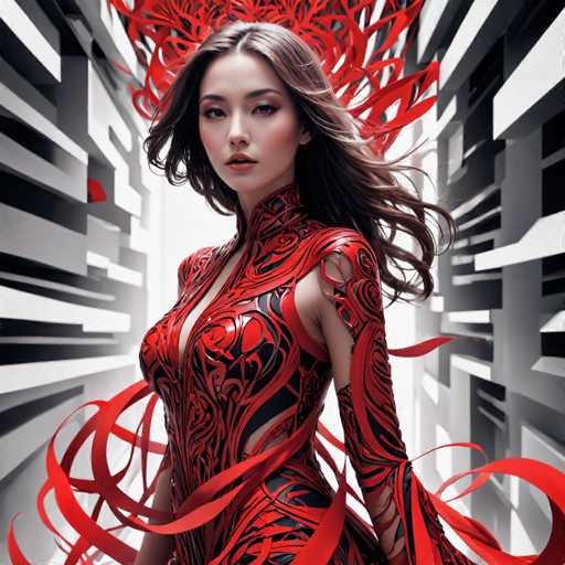 The image depicts a highly detailed, computer-generated scene featuring a young Asian woman with long, wavy brown hair. She is dressed in a striking, form-fitting dress that combines red and black hues, adorned with intricate swirls and patterns. The dress is sleeveless, with a high collar that extends up to her neck, and it features cutouts on the sides of her chest and arms. The woman's expression is serious, and she gazes directly at the viewer. Surrounding her are dynamic red ribbons that flow in various directions, adding a sense of movement to the scene. The background is a complex, geometric pattern of white, gray, and black lines, creating a futuristic and somewhat abstract environment. The overall composition blends elements of traditional Asian attire with modern, sci-fi aesthetics, resulting in a visually captivating and detailed image.