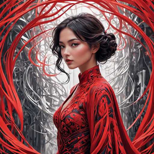 This image features a striking young Asian woman, likely in her late teens or early twenties, with a captivating and intense gaze directed straight at the viewer. She has long, dark brown hair styled in a bun at the back of her head, with a few loose strands framing her face. Her makeup is meticulously applied, highlighting her dark eyes and full lips painted in a bold red. She is dressed in a traditional Chinese high-neck dress, predominantly red with intricate black floral patterns. The dress has a V-neckline and long sleeves, and it appears to have a cape-like extension that adds to its elegance. Surrounding her head and cascading down her back are numerous red ribbons, creating a dynamic and ethereal effect. The background is a stark contrast of black and white, filled with abstract, tree-like shapes that add depth and mystery to the scene. The overall composition is visually arresting, blending traditional elements with a modern, almost surreal aesthetic.