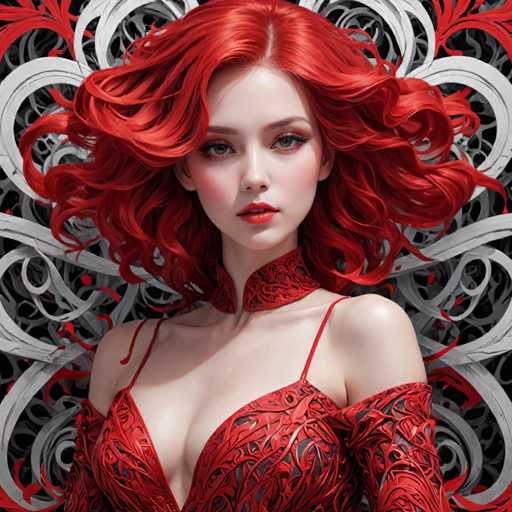 The image depicts a highly detailed, computer-generated or AI-generated artwork of a young woman with striking features. She has vibrant, wavy red hair that cascades down to her shoulders, with a slight parting in the middle. Her complexion is very pale, accentuated by her bold red lipstick and the subtle pink blush on her cheeks. Her eyes are a captivating blend of blue and brown, framed by long eyelashes. She is dressed in a red, low-cut dress adorned with intricate black swirls and patterns. The dress features thin straps over her shoulders and a high collar that extends up to her neck. Her shoulders are bare, and the dress appears to have a unique design element, with one sleeve extending up to her bicep. The background is a complex, swirling mix of gray and red, adding to the overall dramatic and ethereal quality of the image.