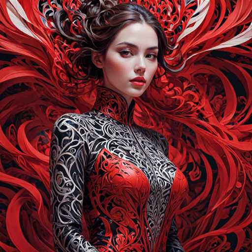 The image depicts a highly detailed, computer-generated or AI-generated artwork of a young woman, likely in her early 20s, with a striking and somewhat surreal appearance. She has long, dark brown hair styled in an elaborate updo, with loose strands framing her face. Her complexion is fair, and she wears bright red lipstick that accentuates her full lips. Her eyes are a captivating shade of blue, and she has a slight, enigmatic smile.

The woman is dressed in a form-fitting, high-necked dress that combines black, white, and red hues. The dress features intricate silver swirls and patterns, particularly around the chest and arms, which are long-sleeved. The chest area is adorned with red, floral-like designs that add to the dress's ornate appearance. The high collar of the dress is black with red accents, and it appears to zip up the front.

Surrounding her head and extending into the background are numerous red, ribbon-like or fabric-like elements that swirl and flow in various directions, creating a dynamic and almost ethereal atmosphere. These elements give the impression of movement and add to the overall surreal quality of the image. The background is predominantly black, which makes the red and silver details of her dress and the surrounding elements stand out vividly.