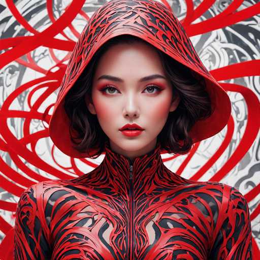 The image shows a close-up portrait of a woman with striking red hair and makeup. She is wearing a hooded jacket that has a unique design featuring red lines and circles on the front. The background is white with black swirls, creating an abstract pattern that contrasts with the woman's vibrant appearance.