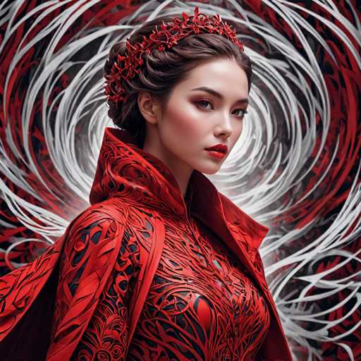 The image depicts a strikingly realistic painting of a woman, possibly AI-generated, with a captivating blend of realism and fantasy. The woman, who appears to be of Asian descent, has her dark brown hair styled in an elegant updo, adorned with a red floral crown that adds a regal touch to her appearance. Her makeup is meticulously applied, featuring bold red lipstick that accentuates her full lips and adds to her overall allure.

She is dressed in a stunning red gown, intricately designed with black accents that resemble leaves and swirls, creating a mesmerizing pattern. The gown is form-fitting, highlighting her figure, and features a high collar that extends up to her neck, adding to the dramatic effect. The dress also includes a cape-like back that drapes elegantly over her shoulders, further enhancing her regal presence.

The background of the painting is a swirling mix of red and white, with the white swirls creating a sense of movement and depth, almost as if they are emanating from behind her. This dynamic backdrop contrasts beautifully with the solid red of her gown, making her stand out even more prominently. The overall effect is a captivating and almost otherworldly portrayal of beauty and grace.