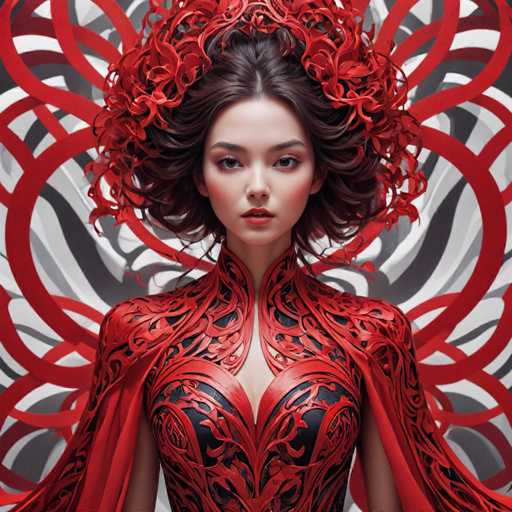 The image shows a woman with long brown hair wearing a red headpiece and a black dress adorned with intricate designs. The background is a stark white with bold black lines that create an abstract pattern.