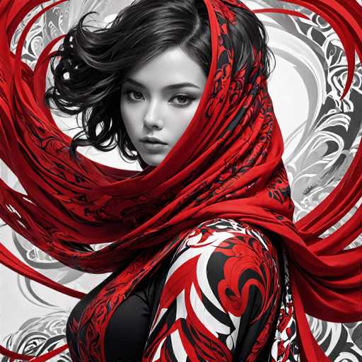 This image features a striking, computer-generated depiction of a woman with short, dark hair, adorned in a vibrant red headscarf and matching dress. The woman's face is rendered in black and white, creating a stark contrast with her vivid attire. Her dress, which covers her from the chest up, is intricately designed with swirling patterns in red, black, and white. The headscarf, which drapes elegantly over her head and shoulders, is also red with black swirls, adding to the overall dynamic and eye-catching aesthetic. The background is a blend of gray and white, with swirling patterns that complement the woman's dress. The image has a distinct anime style, emphasizing the woman's expressive features and the detailed, flowing lines of her clothing.
