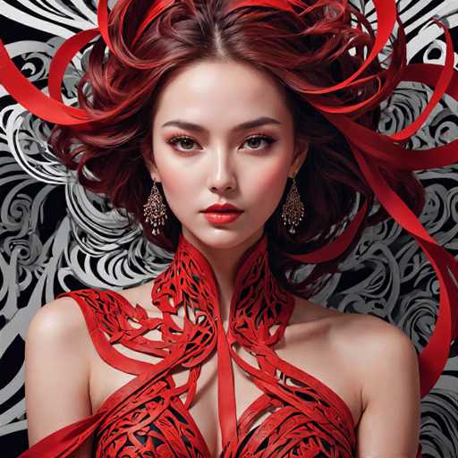 The image shows a woman with red hair wearing a red dress and earrings. She is looking directly at the camera with an expression of concentration or thoughtfulness. The background features a black and white patterned design that adds depth to the composition.