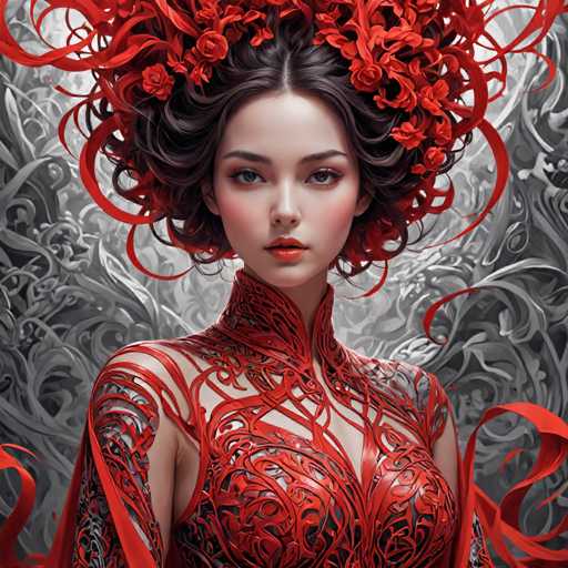 This image is a highly detailed, computer-generated artwork of a young woman, likely in her late teens or early twenties. She has a pale complexion with striking features, including dark brown eyes, dark brown eyebrows, and red lips. Her dark brown hair is styled in an elaborate updo, adorned with intricate red roses and ribbons that cascade down the sides of her face. She is dressed in a form-fitting, red outfit that appears to be made of leather or fabric, with a high collar that extends up to her neck. The outfit features cutouts on her shoulders and chest, revealing her pale skin. The background is a swirling, grayish-black pattern that adds to the overall dramatic and ethereal quality of the image.