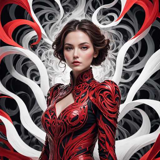The image shows a woman wearing a red and black dress with intricate designs on the bodice and sleeves. The background is a black and white patterned design that appears to be swirling or twisting in nature.