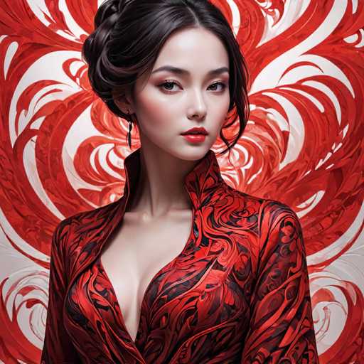 This image features a strikingly beautiful young Asian woman, likely in her early 20s, with a fair complexion. She is adorned in a traditional Chinese garment that is predominantly red with intricate black swirls and floral patterns. The garment, which has a high collar and a deep V-neckline, reveals a hint of cleavage. Her dark brown hair is elegantly styled in an updo, with a few strands framing her face. She wears long, dangling earrings that add to her graceful appearance. Her makeup is meticulously applied, with a touch of red lipstick that complements her attire. The background is a vibrant swirl of red and white, creating a dynamic and eye-catching contrast that enhances the overall composition of the image.