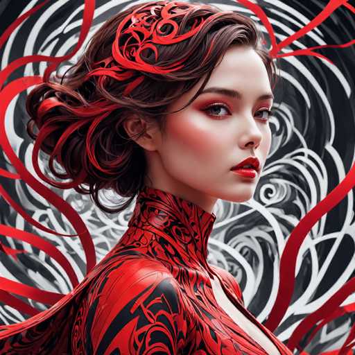 This image features a striking, computer-generated depiction of a woman with an ethereal appearance. She has pale skin and is adorned with vibrant red lipstick and eye shadow, which accentuates her expressive brown eyes. Her dark brown hair is styled in a short, wavy bob that frames her face elegantly. She is dressed in a high-collared, form-fitting dress that is predominantly red with intricate black swirls and patterns, adding a touch of sophistication to her ensemble. The dress is low-cut, revealing a glimpse of her chest. Surrounding her are dynamic red ribbons that seem to flow from her hair, adding a sense of movement and fluidity to the image. The background is a mesmerizing swirl of black and white, creating a stark contrast that further highlights the woman's vivid features and attire.