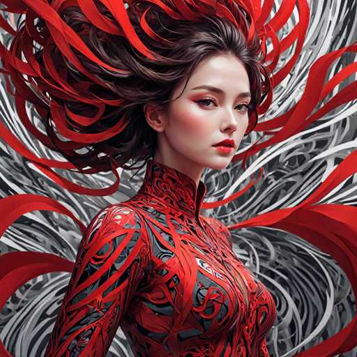 This image is a highly detailed, computer-generated illustration of a young Asian woman, possibly Japanese or Korean, with a striking appearance. She has long, dark brown hair that flows dramatically behind her, transforming into red ribbons or strands that extend outward. Her face is adorned with heavy makeup, including red lipstick, and she has a pale complexion with a slight blush on her cheeks. She is dressed in a high-necked, long-sleeved top that appears to be made of a black fabric intricately interwoven with red ribbons, creating a textured, almost three-dimensional effect. The background is a complex, gray and white swirl of lines and shapes, adding to the overall dynamic and ethereal quality of the image. The woman is looking directly at the viewer, her expression serene yet captivating.