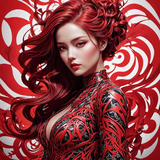 The image shows a close-up portrait of a woman with red hair styled in loose curls and wearing a black and red patterned top. The background is a vibrant red color with white swirls, creating an abstract backdrop that complements the woman's attire.