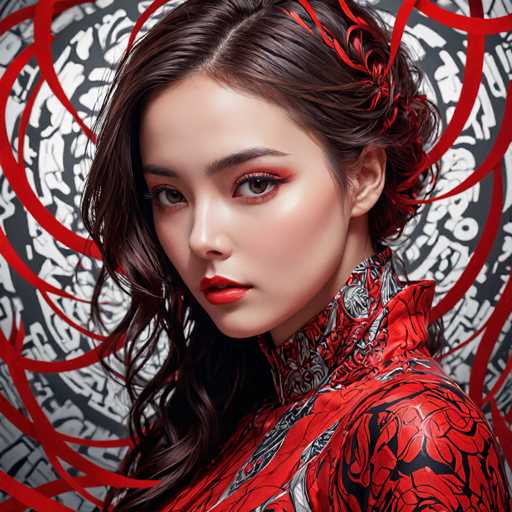The image features a young Asian woman, likely in her late teens or early twenties, with long, dark brown hair that cascades down to her chest. She has a fair complexion and is adorned with striking makeup, including red lipstick and eye shadow that accentuates her brown eyes. Her hair is styled with a red ribbon on the right side, adding a touch of elegance to her look. She is dressed in a high-necked, long-sleeved top that is predominantly red with intricate black and gray patterns, reminiscent of a traditional kimono. The background is a dark gray with white, abstract designs that resemble Asian characters, creating a visually striking contrast. The woman is positioned with her body facing the bottom left corner of the image, while her head is turned towards the camera, engaging directly with the viewer.