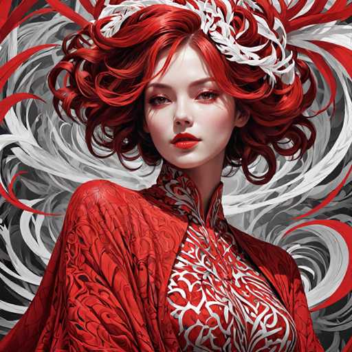 The image depicts a woman with red hair wearing a red and white patterned dress against a black background. The woman is looking directly at the camera with an expression of curiosity or interest.