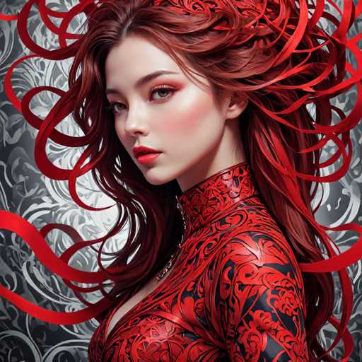 The image shows a close-up portrait of a woman with long red hair styled in loose waves and wearing a red dress adorned with intricate patterns. The background features a black and white floral pattern that complements the woman's attire.