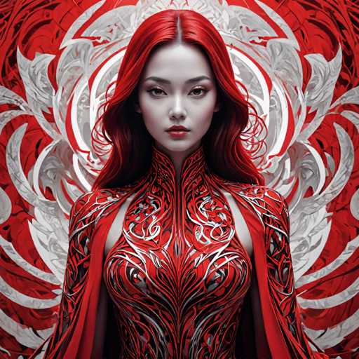 This image is a highly detailed, computer-generated illustration of a young woman with long, flowing red hair and a pale complexion. She has striking red lips and is adorned in a high-necked, form-fitting dress that is predominantly red with intricate black and white swirls and patterns. The dress features cutouts on either side of her chest, adding to its elaborate design. Her shoulders are bare, and the dress appears to have a cape-like extension. The background is a vibrant mix of red and white, with swirling patterns that complement the woman's attire. The overall composition is square, with the woman centrally positioned, looking directly at the viewer. The image exudes a futuristic and somewhat otherworldly aesthetic, reminiscent of a character from a science fiction or fantasy setting.