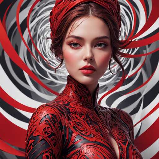 The image shows a woman with red hair and a red headband standing against a black and white background that resembles a spiral pattern. The woman is wearing a red dress with a black and white pattern on the sleeves.