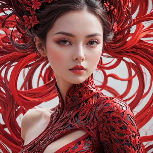 The image shows a young woman with long red hair styled in an intricate updo and wearing a red dress that features a unique design of black lines and shapes on the bodice. The background is white, which contrasts with her vibrant attire and highlights her as the main subject of the photograph.