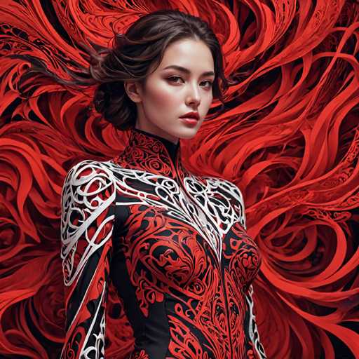 The image shows a young woman with long brown hair wearing a black and red dress with intricate designs on the bodice. The background is a vibrant display of red lines that create an abstract pattern, adding depth to the scene.
