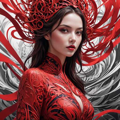 This image features a striking, computer-generated depiction of a young woman, possibly in her late teens or early twenties. She has long, dark brown hair that cascades down to her chest, with a few strands elegantly framing her face. Her complexion is fair, and she wears bold red lipstick that accentuates her serious expression. Her eyes are a captivating shade of blue, and her eyebrows are dark and well-defined.

The woman is adorned in a high-necked, long-sleeved dress that is predominantly red, embellished with intricate black swirls and patterns. The dress features a daring cutout that extends from her chest down to her belly button, adding a touch of allure to her ensemble. Atop her head, she wears an elaborate headdress made of red, ribbon-like material that swirls and loops around her head, creating a dynamic and almost ethereal effect.

The background of the image is a swirling mix of white and gray, with hints of red that complement the woman's attire. This abstract backdrop enhances the overall dramatic and otherworldly feel of the portrait. The woman's gaze is directed straight at the viewer, creating a powerful and engaging visual impact.
