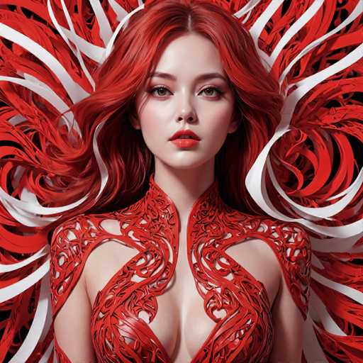 The image features a young woman with striking red hair, styled to appear as if it is made of the same material as her outfit. Her hair cascades down her back, blending seamlessly with the intricate red fabric that forms her dress. The dress itself is a marvel of design, with a high collar that extends up to her neck, and a V-neckline that plunges down to her chest, revealing a hint of cleavage. The fabric is adorned with elaborate swirls and patterns, creating a visually captivating effect. The woman's face is framed by her vibrant hair, and she gazes directly at the camera with a composed expression. Her makeup is bold, featuring red lipstick that complements her hair and dress, and she wears eye shadow that accentuates her brown eyes. The background is a stark black, which contrasts sharply with the vivid red of her hair and dress, making her the focal point of the image.
