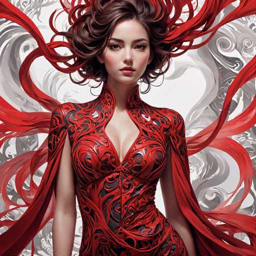 This image features a striking, AI-generated depiction of a woman with a distinctly Asian appearance. She has short, curly brown hair that transitions into vibrant red strands, creating an almost ethereal effect. Her complexion is fair, and she wears bold red lipstick that accentuates her features. Her eyes are a captivating brown, and she has a small, button-like nose. She is dressed in a form-fitting, red dress adorned with intricate black swirls and patterns. The dress has a deep V-neckline that reveals a hint of cleavage, and it extends into a cape-like back that adds to her dramatic presence. The background is a muted gray, which contrasts sharply with the vivid colors of her attire, making her stand out even more.