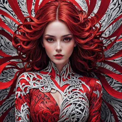 The image shows a close-up portrait of a woman with red hair styled in loose curls and wearing a red and white dress with intricate designs on the bodice. The background is black and white, featuring a patterned design that complements the woman's attire.