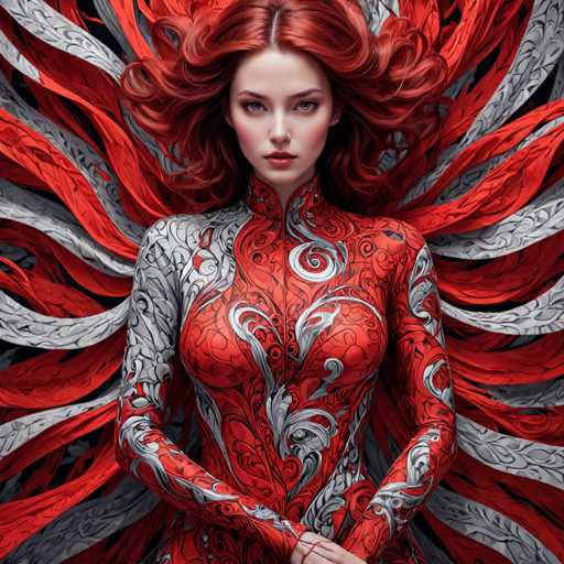 This image depicts a highly detailed, AI-generated or digitally painted portrait of a young woman with long, wavy red hair. She has striking blue eyes, a small nose, and full lips adorned with red lipstick. Her face is framed by a high-necked, long-sleeved bodysuit that covers her entire body. The bodysuit is predominantly red, featuring intricate silver and gray swirls and patterns, particularly around the chest, arms, and neck. The left side of her bodysuit is gray with red accents, while the right side is primarily red with silver details. Behind her, a dramatic array of red and gray feathers or wing-like structures extends outward, adding a fantastical element to the image. The overall composition is vibrant and dynamic, with the woman's intense gaze directed straight at the viewer.