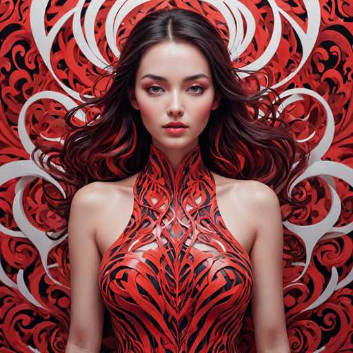 This image features a striking, AI-generated depiction of a young woman with long, dark brown hair that cascades down to her shoulders. Her hair is accentuated with subtle red highlights, adding depth to her appearance. She has a fair complexion and captivating gray eyes that gaze directly at the viewer, exuding a sense of confidence and mystery.

The woman is adorned in a form-fitting, sleeveless dress that extends up to her neck. The dress is a vibrant red, embellished with intricate black swirls and lines that create a dynamic, almost fiery pattern. The dress's design is both elegant and edgy, perfectly complementing her bold makeup. Her lips are painted a vivid red, matching the dress, and her cheeks are blushed with a soft pink hue, adding a touch of femininity to her striking look.

The background is a mesmerizing swirl of red and black, with white swirls interspersed throughout, creating a sense of movement and depth. This backdrop enhances the overall dramatic effect of the image, making the woman appear as though she is emerging from a world of swirling energy and color. The combination of her attire, makeup, and the background creates a visually stunning and captivating portrait.