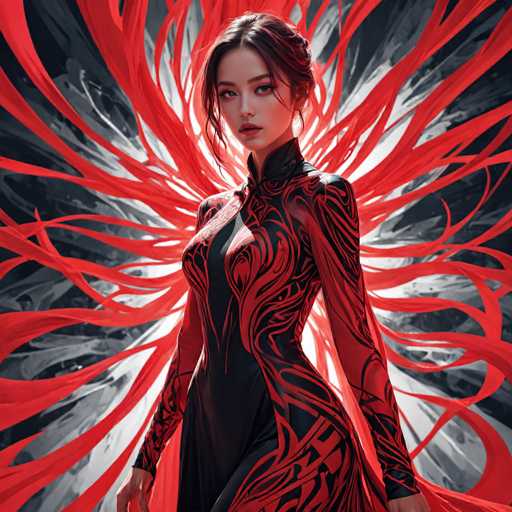 The image shows a woman with long brown hair wearing a black and red dress that has an intricate design of red lines and black patterns on the sleeves and skirt. The background is a gradient of red and white colors, creating a sense of depth and dimension to the scene.