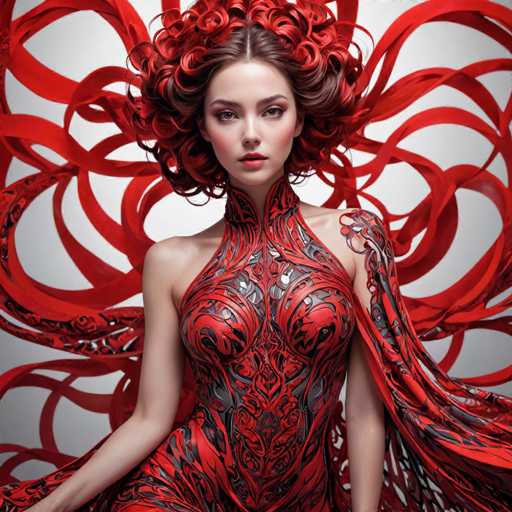 A woman with red hair styled in curls is the central figure in this image. She is wearing a striking red dress that features intricate designs and patterns on the bodice and skirt. The background of the image is white, which contrasts with her vibrant attire and makes her stand out even more.