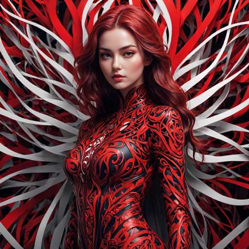 The image shows a woman with red hair wearing a red and white costume that has an intricate design of black lines and shapes on it. The background is a dark red color with white lines and shapes scattered throughout the image.