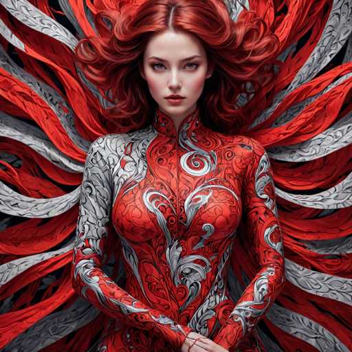 The image shows a woman with red hair and an intricate tattoo on her body. She is wearing a red and white dress that has a floral pattern. The background features a black and white design with red lines and shapes.