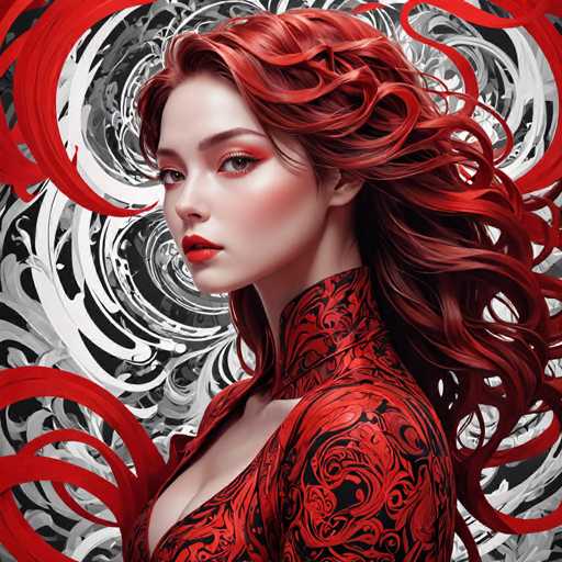 The image depicts a woman with long red hair wearing a red and black patterned dress against a black and white background featuring circular shapes. The woman is looking directly at the camera with an expression of concentration or contemplation.