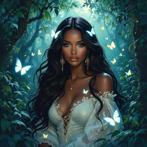 The image depicts a stunning African-American woman with long, wavy black hair cascading down to her chest. She has striking green eyes and full lips adorned with pink lipstick. Her attire is a white, lacy dress that reveals a significant amount of cleavage, and she accessorizes with a gold necklace and dangling gold earrings. The background is a lush, green forest filled with tall trees and dense foliage. Surrounding her are numerous butterflies, predominantly white with blue accents, though some are yellow and black. The scene is illuminated by a light source behind her, casting a soft glow that highlights her figure against the darker forest. The overall atmosphere is one of ethereal beauty, with the woman appearing almost like a mythical forest creature.