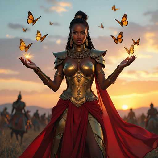 The image features a beautiful woman dressed in medieval armor, surrounded by numerous butterflies. She is wearing a red dress and has her hands raised high above her head as if she's trying to catch the butterflies or perhaps casting spells with them. The scene appears to be set outdoors during sunset, creating an enchanting atmosphere for this captivating figure.