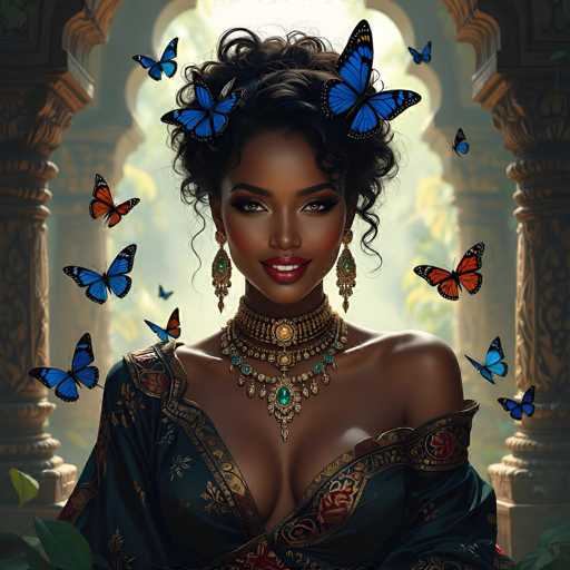 The image depicts a strikingly beautiful African-American woman with dark brown skin, adorned in an elaborate, off-the-shoulder dress that is a deep navy blue or black, intricately embellished with gold and red floral patterns. Her dress features a low-cut neckline that reveals a hint of cleavage. She wears an ornate, multi-layered gold necklace with a prominent green emerald pendant at the center, and her ears are adorned with long, dangling gold earrings. Her hair is styled in a high, curly bun, and she has a radiant smile showcasing her white teeth and red lipstick. Surrounding her are numerous blue butterflies, some with black-tipped wings, and a few orange butterflies, adding a magical touch to the scene. The background features a grand, ornate archway with intricate carvings, possibly made of stone or wood, and columns on either side, suggesting an ancient or historical setting. The overall composition exudes a sense of elegance and mystique, reminiscent of a character from a fantasy or historical narrative.